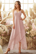 Robe de demoiselle d'honneur en mousseline rose poudré asymétrique