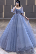 Vestido de fiesta largo de corte A con cuentas de tul azul, vestido de noche formal, vestido de gala Y7627