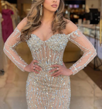 Vestido de fiesta largo de tul con escote corazón, sin tirantes, con cuentas, corte sirena, modelo Y7629