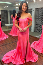 Mermaid Off the Shoulder Green Long Prom Dress with Split Front