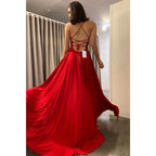 Robe de bal trapèze à bretelles spaghetti et appliques en dentelle pour femme avec fente 