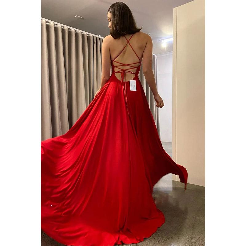 Robe de bal trapèze à bretelles spaghetti et appliques en dentelle pour femme avec fente 