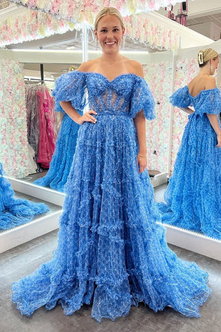 Unreal Date A Line Off the Shoulder Blue Corset Prom Dress with Short Sleeves