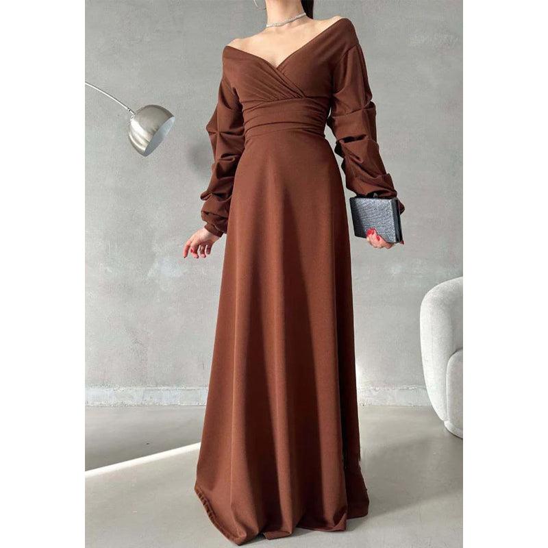 Robe de bal longue simple, coupe trapèze, col en V, épaules dénudées, manches bouffantes 