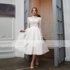 High Collar With Sleeve Luxury Applique Wedding Dress Short Tulle Custom Elegant Tea Length Bride Gown Button Vestidos