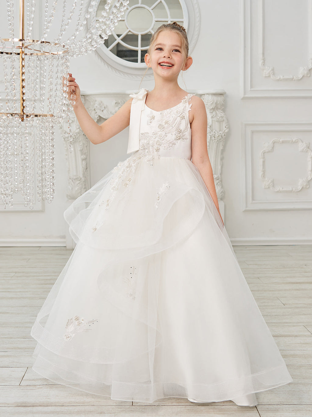 Vestido de princesa/vestido de tul hasta el suelo para niña de las flores de la primera comunión 