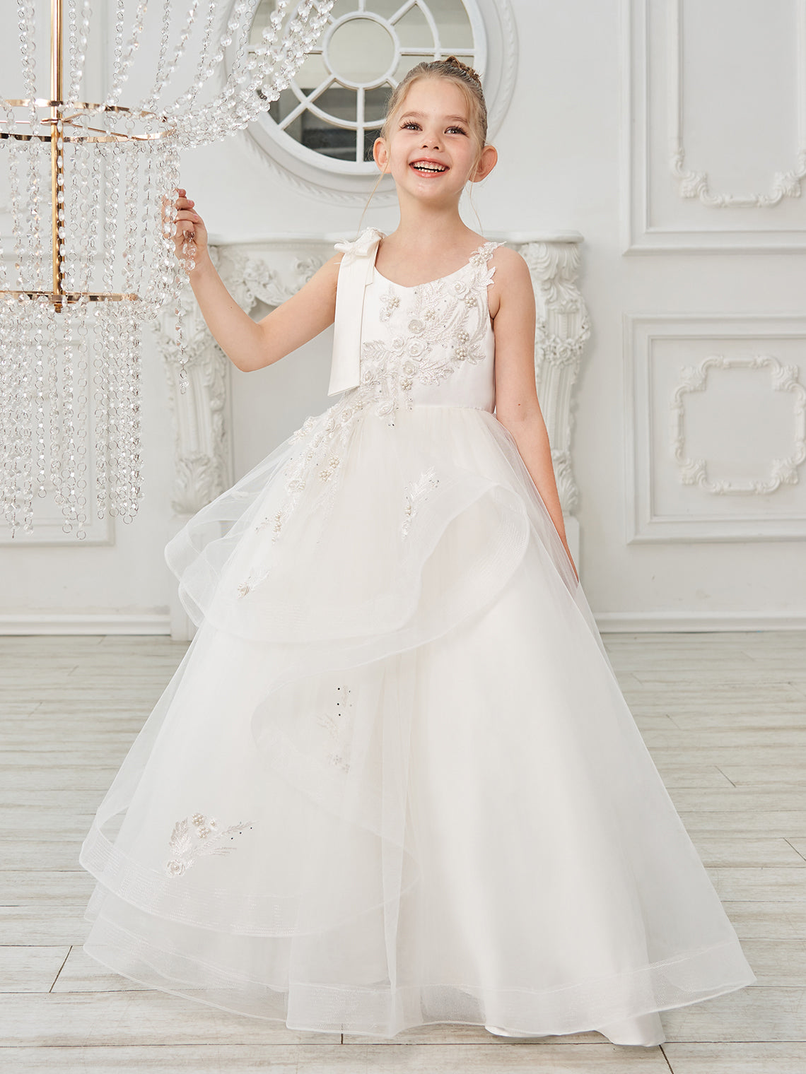 Vestido de princesa/vestido de tul hasta el suelo para niña de las flores de la primera comunión 