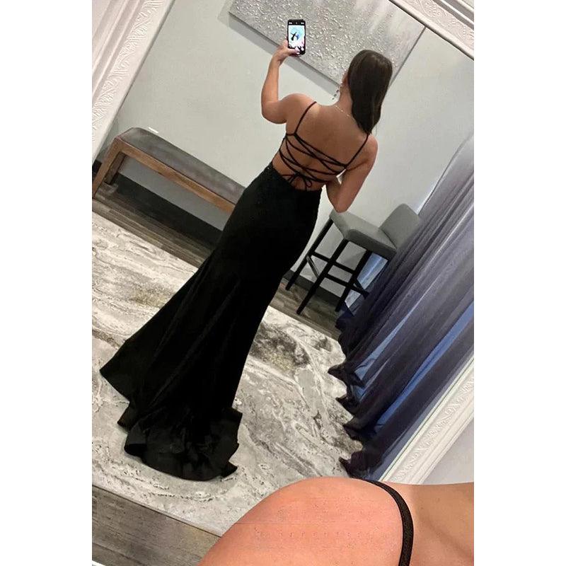 Robe de soirée fourreau/colonne en satin à col en V et perles, sans manches