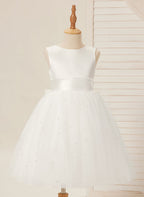 Vestido de princesa/vestido de princesa de satén y tul hasta la rodilla para niña de las flores 