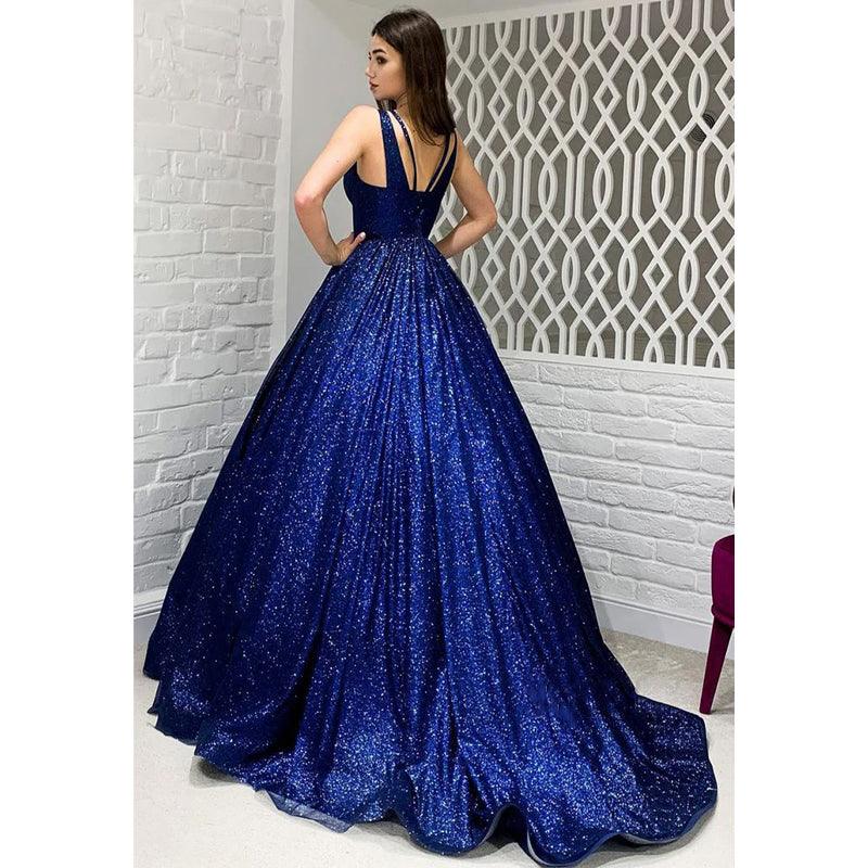 Vestido de fiesta azul real brillante con escote en V y bolsillos 