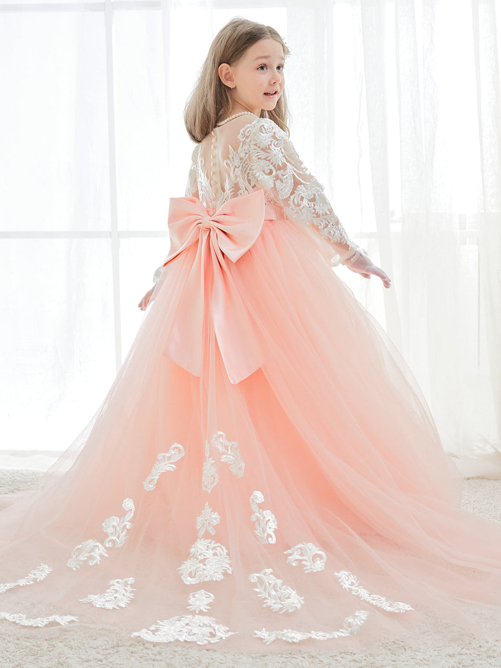 Vestidos de niña de las flores de corte A, manga larga, encaje y tul, color rosa (2003227575) 