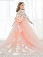 Vestidos de niña de las flores de corte A, manga larga, encaje y tul, color rosa (2003227575) 