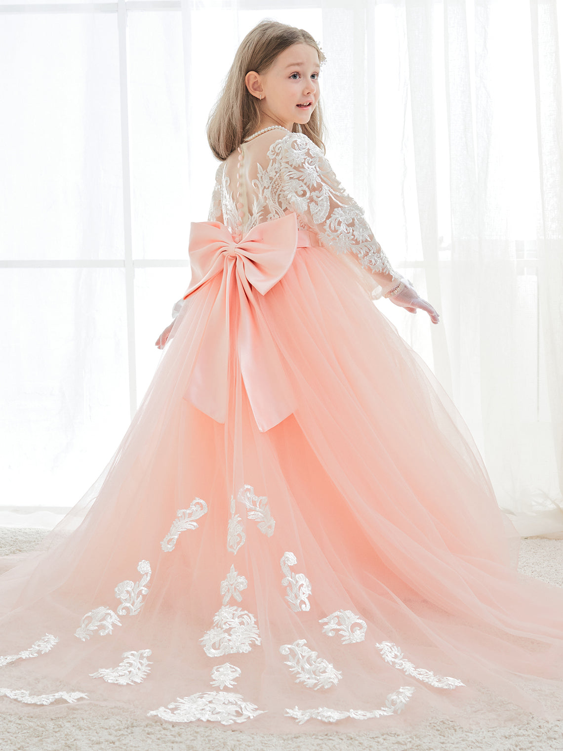 Vestidos de niña de las flores de corte A, manga larga, encaje y tul, color rosa (2003227575) 