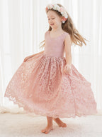 Vestido boho de niña de las flores color marfil, corte en A, de encaje y largo hasta el tobillo 