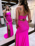 Vestido de fiesta de sirena de un solo hombro con cuentas y abertura