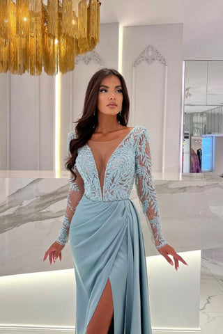 Long Sleeves V-Neck Evening Dress Lace With Split Online