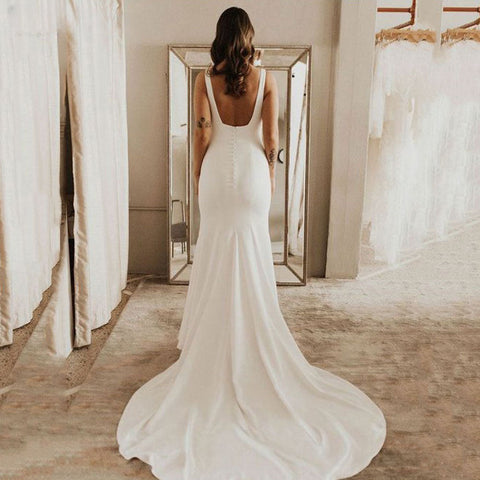 Spaghetti Strap Mermaid Wedding Dresses Women Square Neck Backless Simple Bridal Gowns Soft Stain Robe De Soirée Mariage
