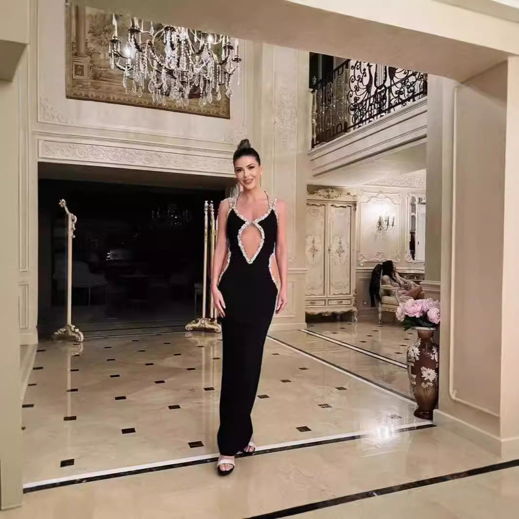 Robe de bal glamour noire bustier à strass 