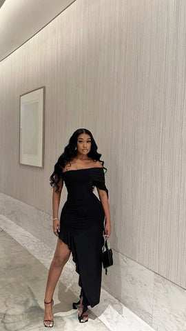 Robe de soirée noire asymétrique, robe maxi noire chic Y1892