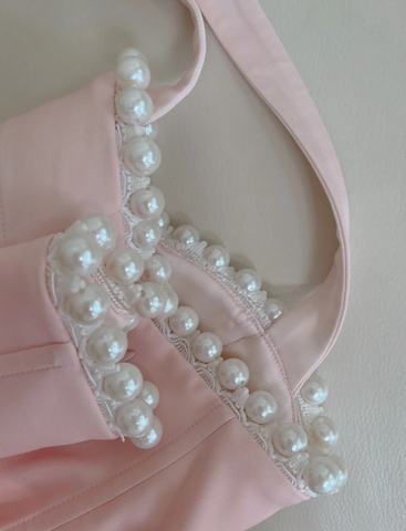 Simple Halter Pink Tulle Pearls Beaded High-Low Ruffles Homecoming Dress Party Dress Y8582