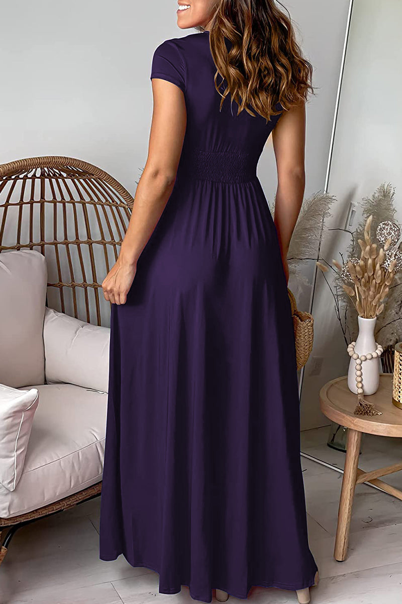 Elegante vestido de noche liso con escote en V y abertura (7 colores) 