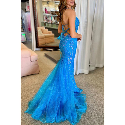 Robe de soirée trompette à bretelles spaghetti scintillantes et appliques en dentelle 