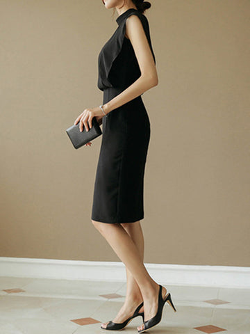 Vestidos de noche midi sueltos sin mangas de gasa calada transparente con abertura en la entrepierna, cremallera y cuello alto 