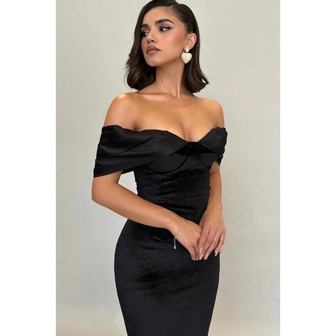 Robe de bal de fin d'année élégante et simple, épaules dénudées, manches courtes, coupe trompette