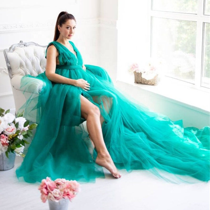 Vestido de maternidad con escote en V y abertura alta para barriga grande, vestido de tul, vestido largo de noche de malla drapeada para embarazadas