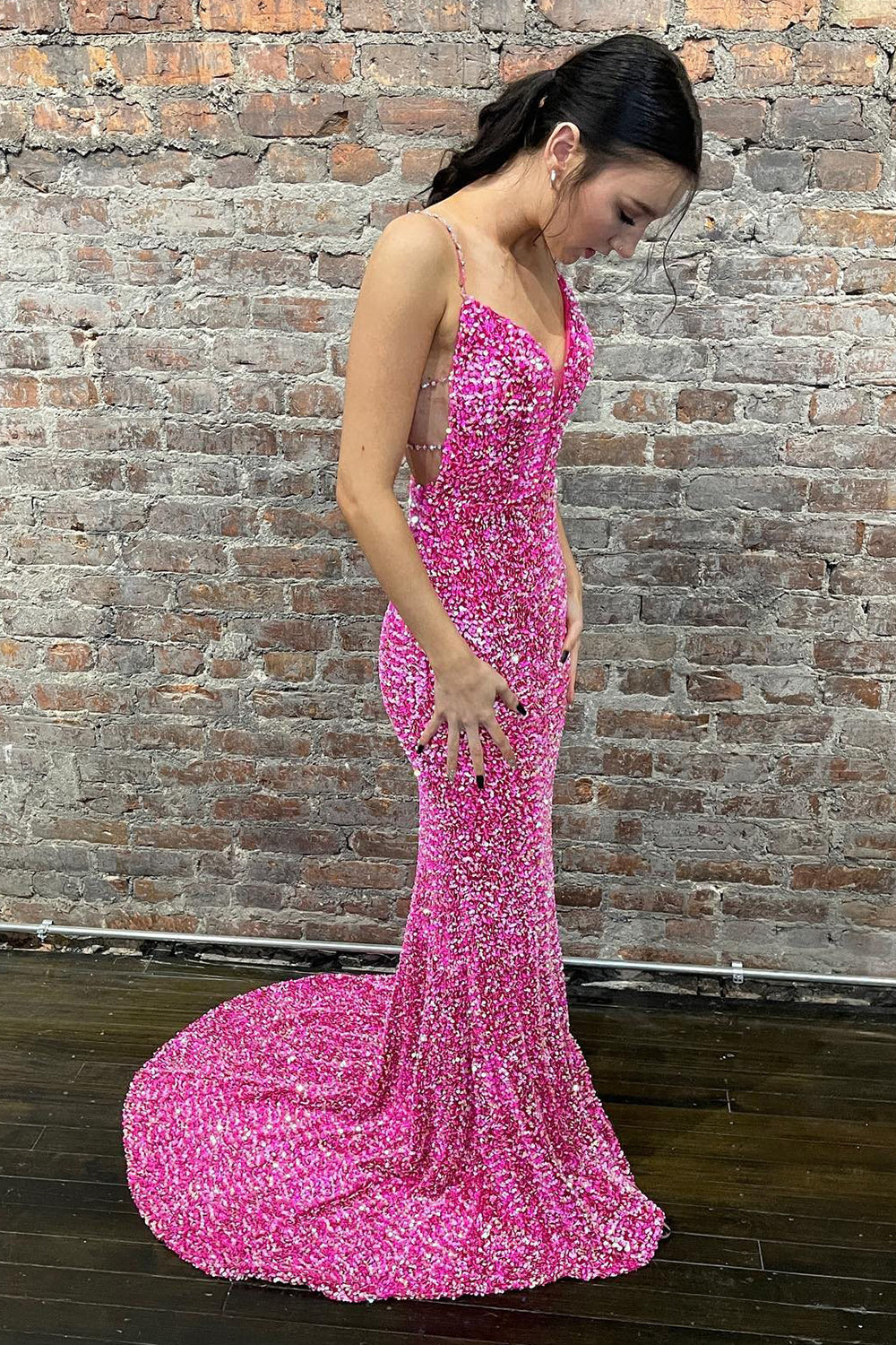 Mermaid Spaghetti Straps Hot Pink Backless Long Prom Dress