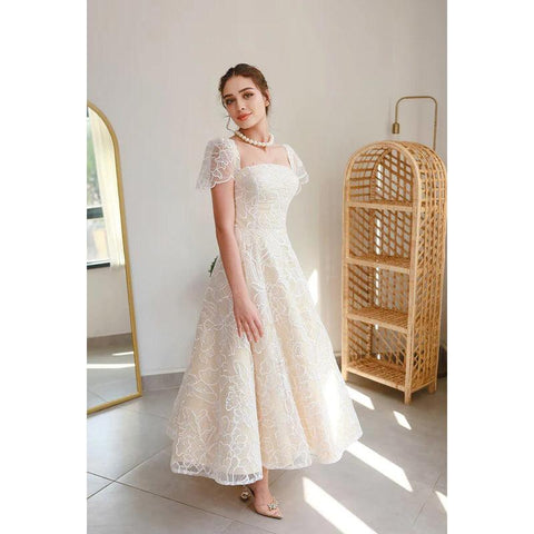 Robe de soirée trapèze en tulle imprimé, col carré, manches courtes, longueur thé