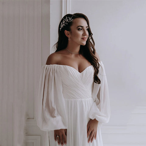 Robe de mariée bohème en mousseline à épaules dénudées 2022, col en V, manches longues lanternes, coupe trapèze, idéale pour la plage