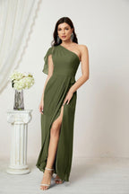Baoleely  Chiffon Ruffled One Shoulder Long Bridesmaid Dresses A-line Formal Evening Gown Side Split 2809