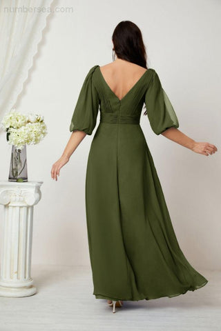 Baoleely  Formal Prom Gown Women V-Neck Chiffon Bridesmaid Dresses Long Bishop Sleeve Party Dress 2807