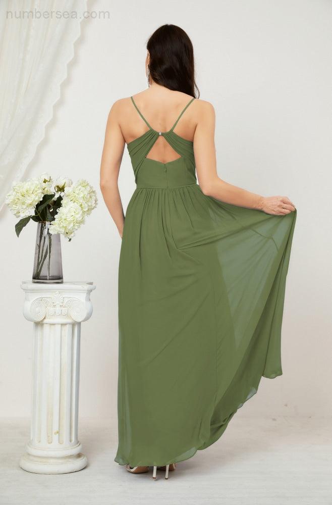 Robe de demoiselle d'honneur en mousseline de soie, longue, coupe trapèze, col en V, pour soirée de mariage, 2801 