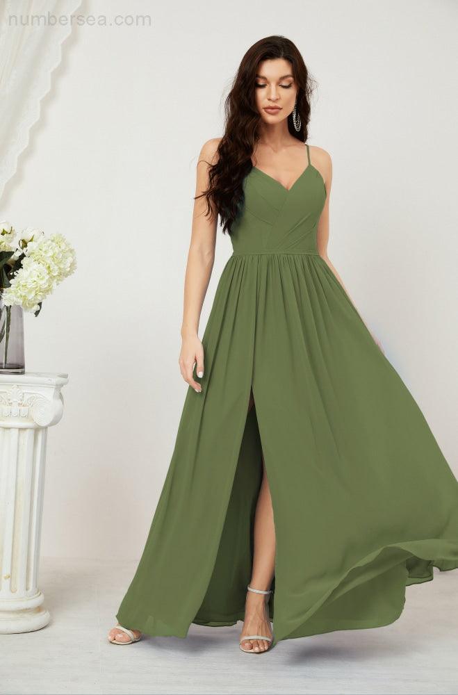Robe de demoiselle d'honneur en mousseline de soie, longue, coupe trapèze, col en V, pour soirée de mariage, 2801 