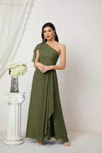 Baoleely  Chiffon Ruffled One Shoulder Long Bridesmaid Dresses A-line Formal Evening Gown Side Split 2809