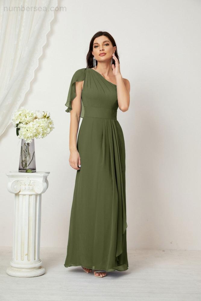 Baoleely  Chiffon Ruffled One Shoulder Long Bridesmaid Dresses A-line Formal Evening Gown Side Split 2809