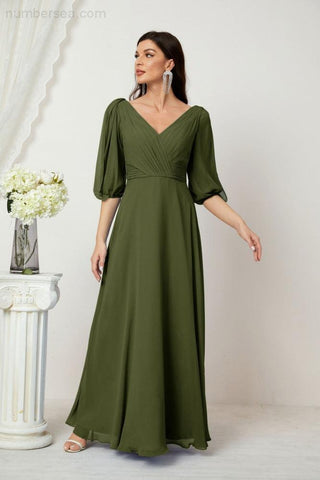 Baoleely  Formal Prom Gown Women V-Neck Chiffon Bridesmaid Dresses Long Bishop Sleeve Party Dress 2807