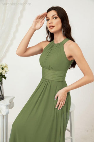 Baoleely Formal Party Gown Dress Chiffon Halter Long Sleeveless Bridesmaid Dresses 2802