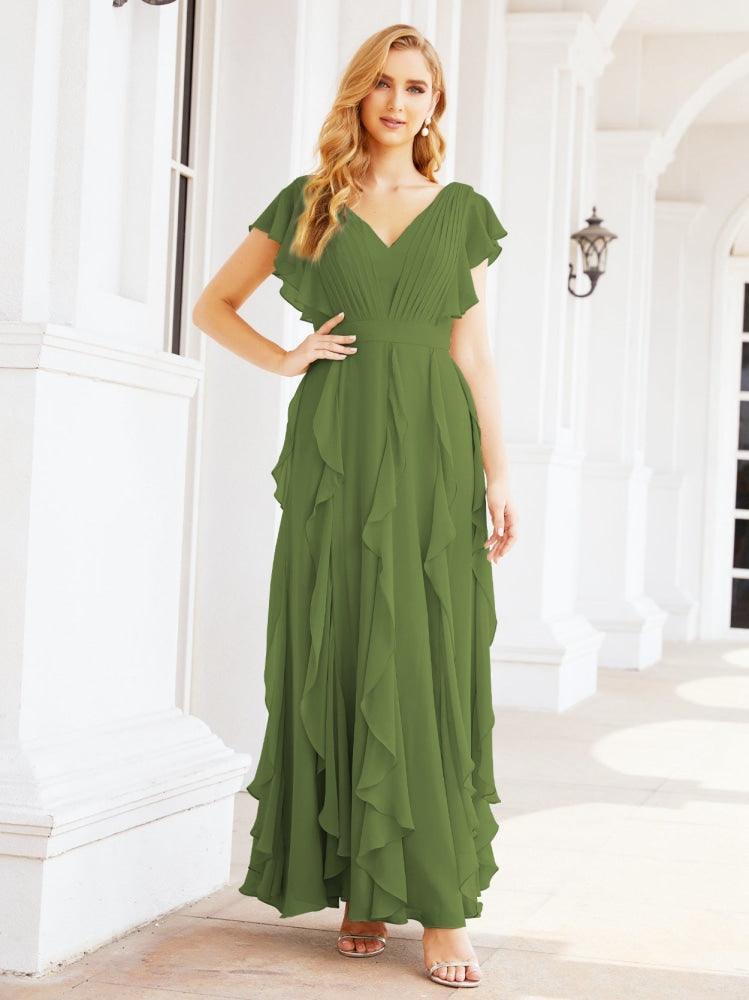 Ruffled Bridesmaid Dresses with Sleeves Long Formal Party Dress 28041