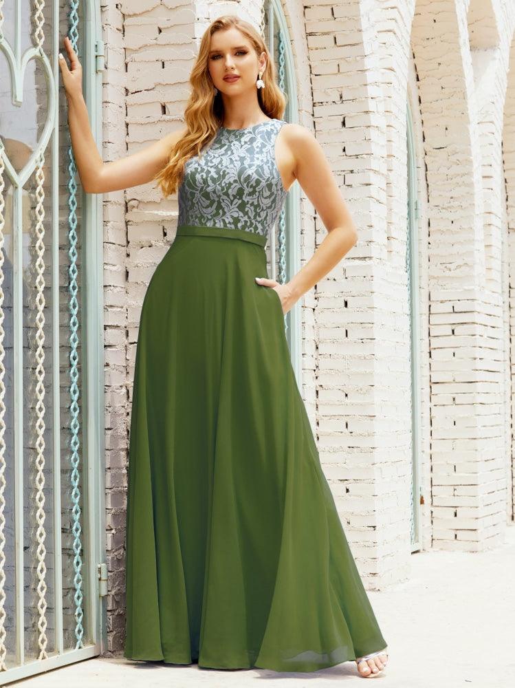 Robe de demoiselle d'honneur en dentelle, longueur au sol, avec poches, 28017 
