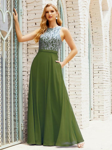 Vestido de dama de honor de encaje, largo hasta el suelo, con bolsillos, 28017 