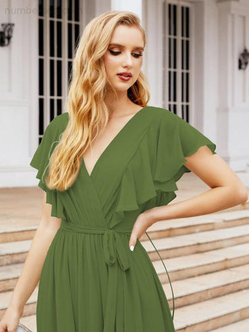 Vestido de fiesta formal de noche con espalda descubierta para mujer Baoleely, escote en V, largo, de gasa, con cinturón a la cintura 28038