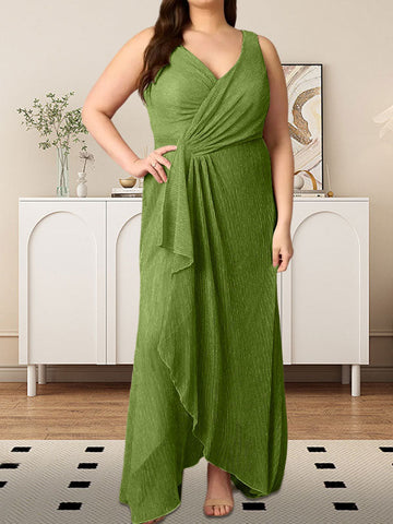 A-Line V-Neck Ruched Metallic Mesh Dress