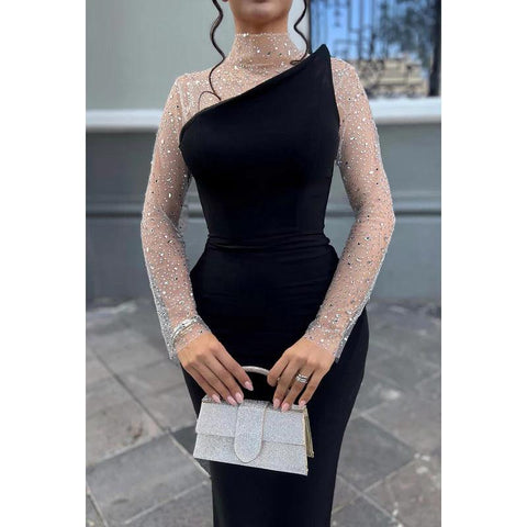 Robe de bal fourreau/colonne chic et moderne à manches longues et col haut scintillant