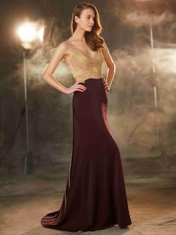 Baoleely Sheath Column Straps Sleeveless Beading Sweep/Brush Train Jersey Dresses