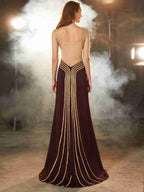 Baoleely Sheath Column Straps Sleeveless Beading Sweep/Brush Train Jersey Dresses