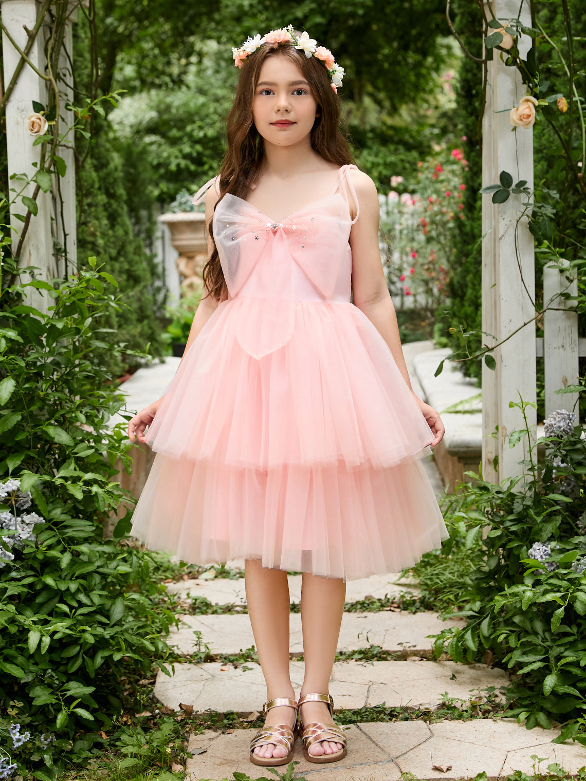 Vestido rosa perla de corte A y largo hasta la rodilla de tul (2003224887) 