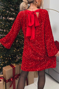 Robe mini ample en velours à sequins et nœud dans le dos, manches cloche, mini robe 